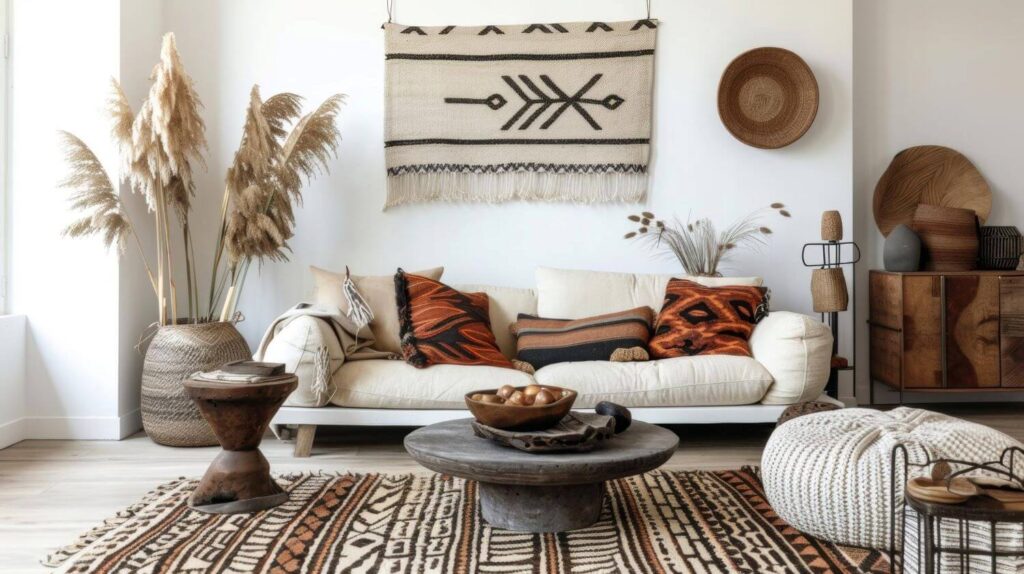 White couch, patterned cushions, patterned rug, round wooden table with a wooden bowl on it, woven pouffe, wooden decor items