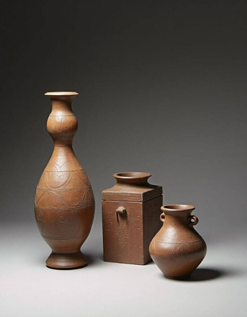 Ancient African objects: a tall uniquely-shaped vase, a small vase and a striking box