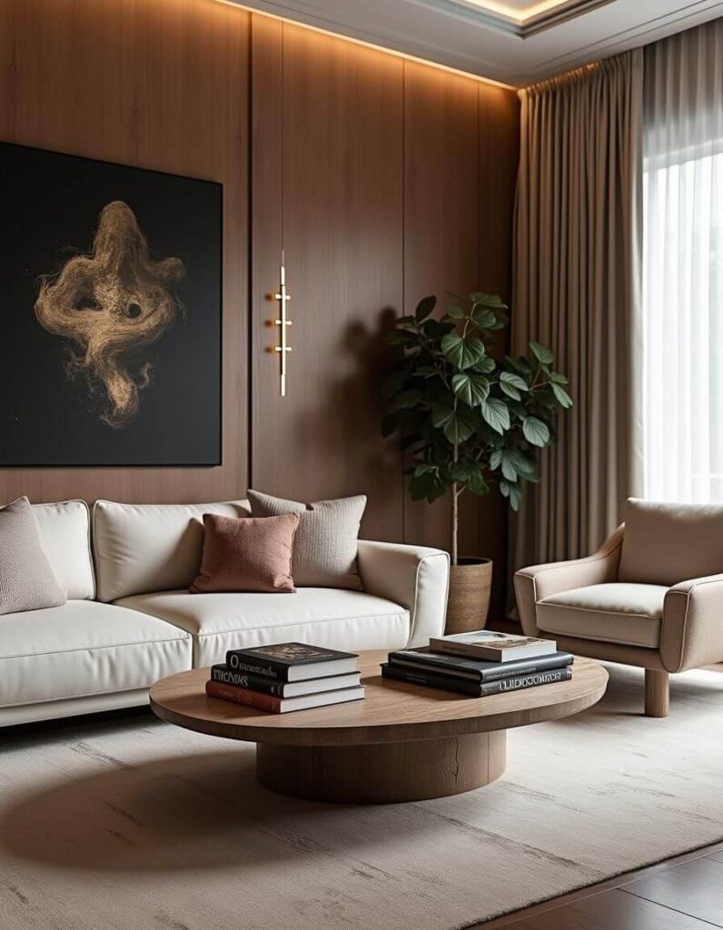 An elegant leaving room with a cream sofa and armchair, a beige wool rug, wood paneling and an oval wooden coffee table with coffee table books on it. An abstract art piece is hanged on the wall and a plant is in the corner