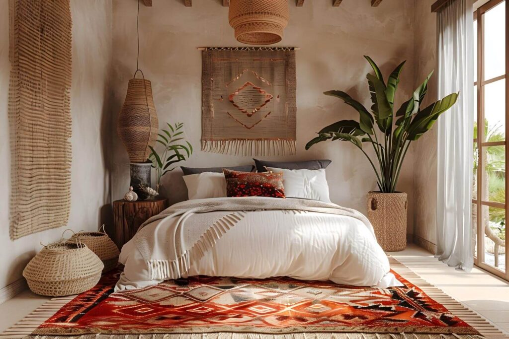 African interior design styles: afro-boho bedroom with a white bed, red Moroccan rug, woven wall hangings, a woven basket and a woven ceiling lamp