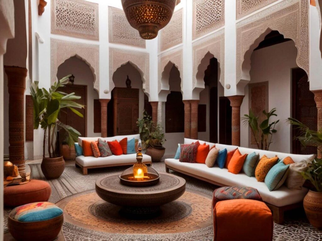 Colorful Moroccan seating area with pink and rust paint, pillows of different bright colors on a white sofa, bright-colored pouffes and a lively Moroccan rug