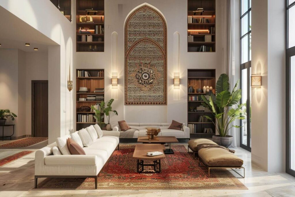 African-inspired design styles: Chic Moroccan living room with high ceilings, 2 white sofas complemented with plush brown ottomans, a moroccan rug and a wooden table