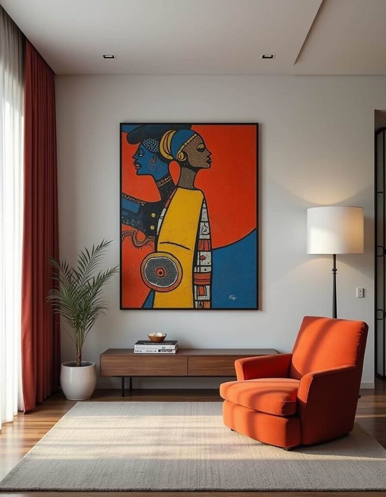 Large colorful African art painting hanged on the wall of a modern seating area with an orange armchair, an elegant wooden low console table, a plant and a wool rug