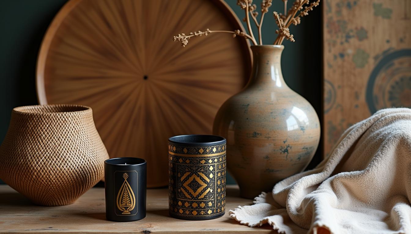 Handmade African Gifts: Elegant decor display including a hand-woven basket, black and gold candles, a wooden platter, a stunning vase and a cotton blanket