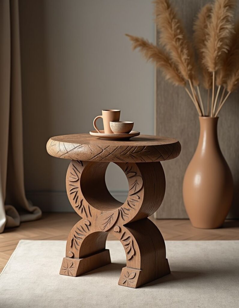 An elegant decorative wooden stool with touches of delicate carvings in a modern interior