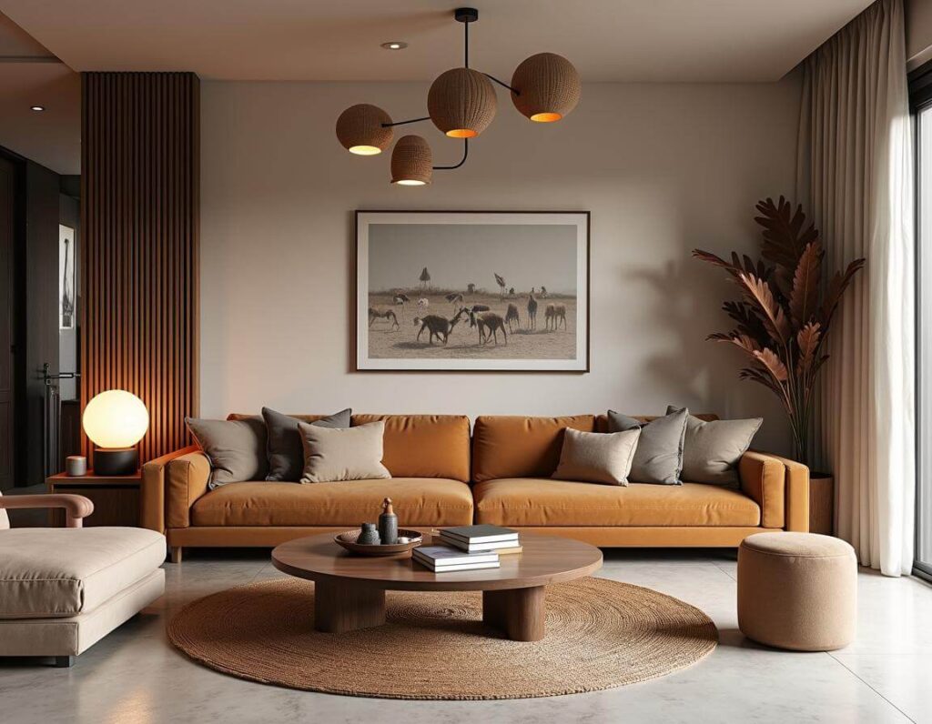 Fusion Afro-Scandinavian living room with earth tone colors, brown sofa, wooden furniture, a contemporary ceiling lamps and a cozy vibe