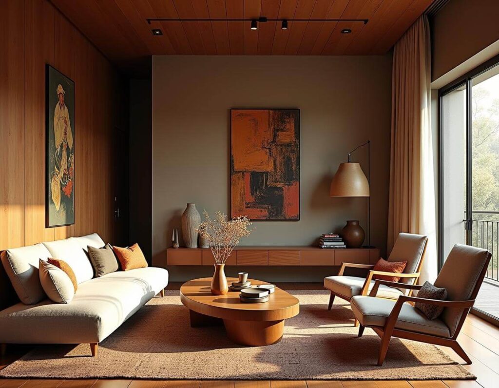 Fusion Afro-japanese living room with a minimalist scheme, wooden furniture, orgainc vases and art on the walls