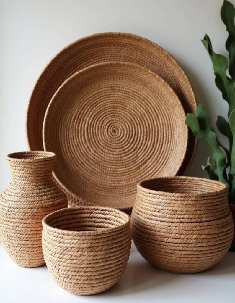 A display of handwoven baskets of different styles and shapes