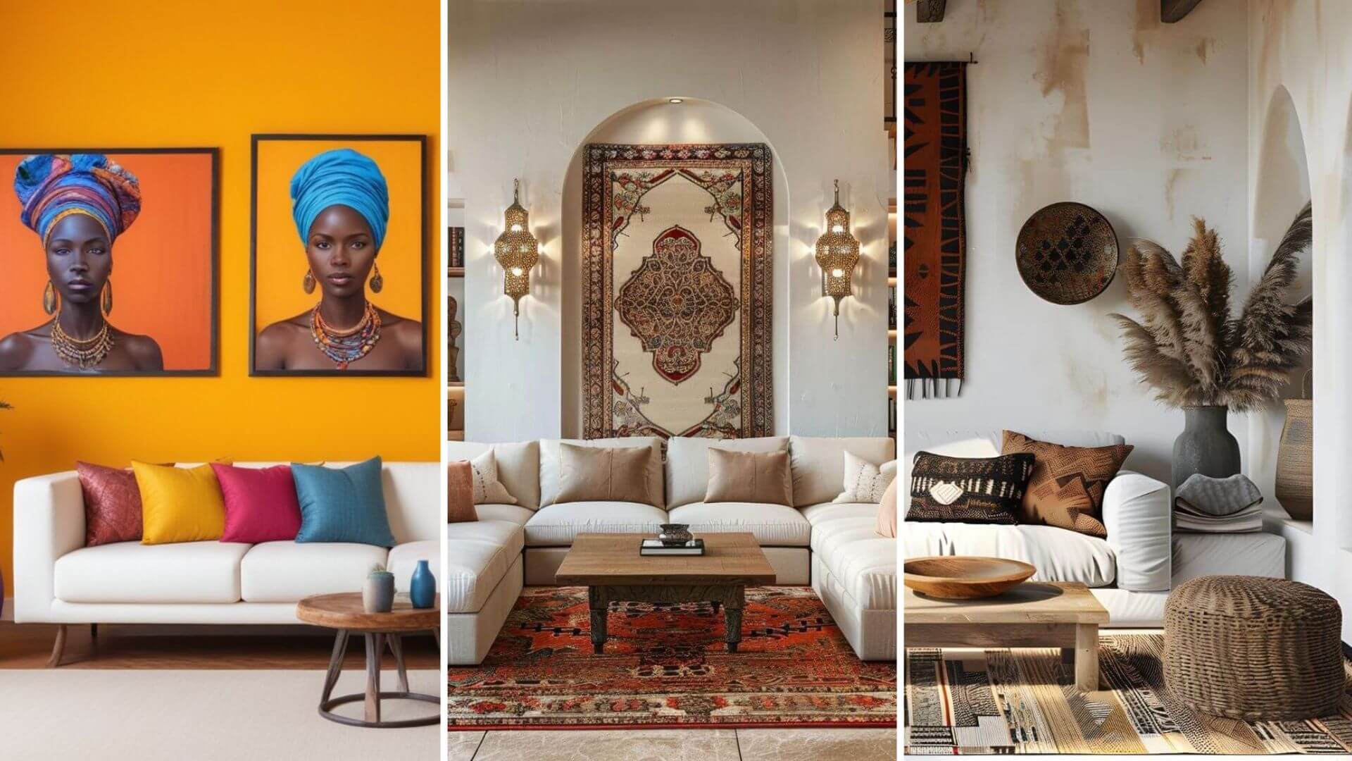 A horizontal mosaic of three images showcasing different styles of African interior designs. The first one is vibrant and colorful including a white couch with throw pillows in different colors in front of an orange wall with colorful paintings of African women. The second is a modern Moroccan-inspired living room featuring a moroccan rug with a white couch and ornate wall hanging on the wall behind. And the last image represents a traditional east African interior with traditional pattern, decor items in natural matirals like wood or ceramics and a rug patterned in different shades of brown