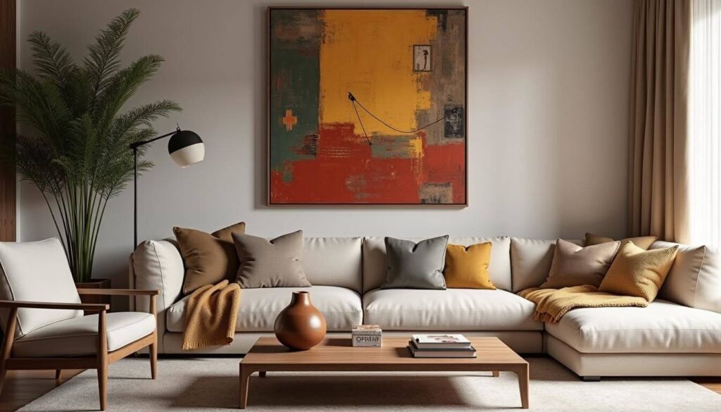 A modern living room showcasing some striking yet elegant African decor pieces such as an art piece, a ceramic vase with a natural feel and coffee table books. It is grounded by an off-white sofa with throw pillows and throw blankets an assorted armchair and a rectangular light-wood coffee table and