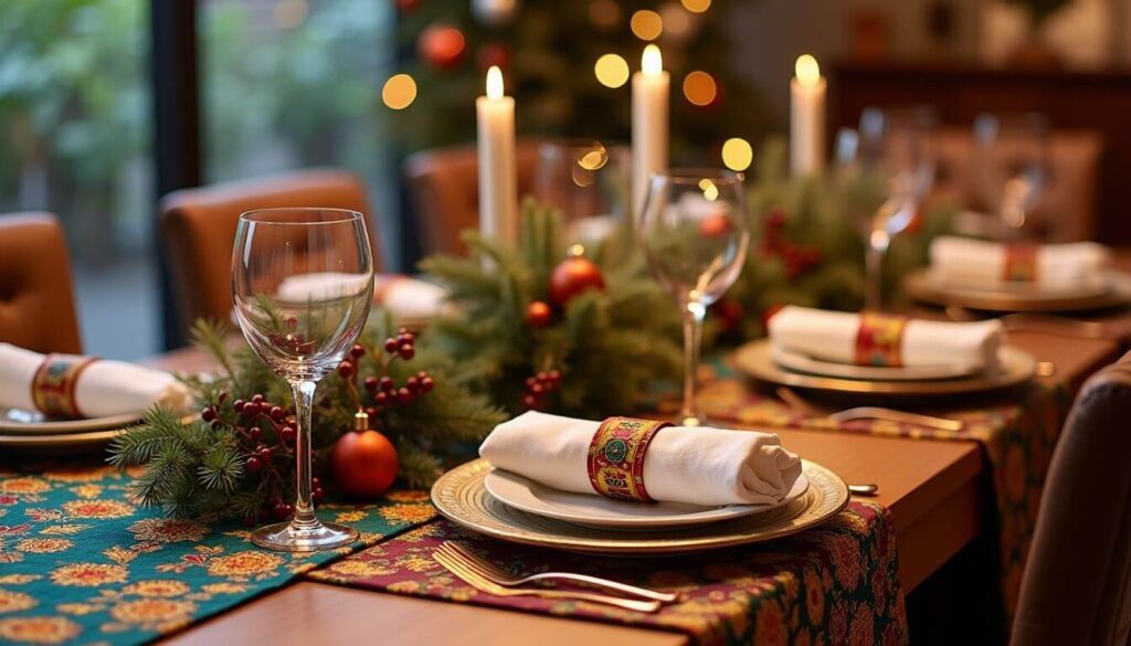 African Christmas decorations: christmas table laid with elegant tableware and decorations