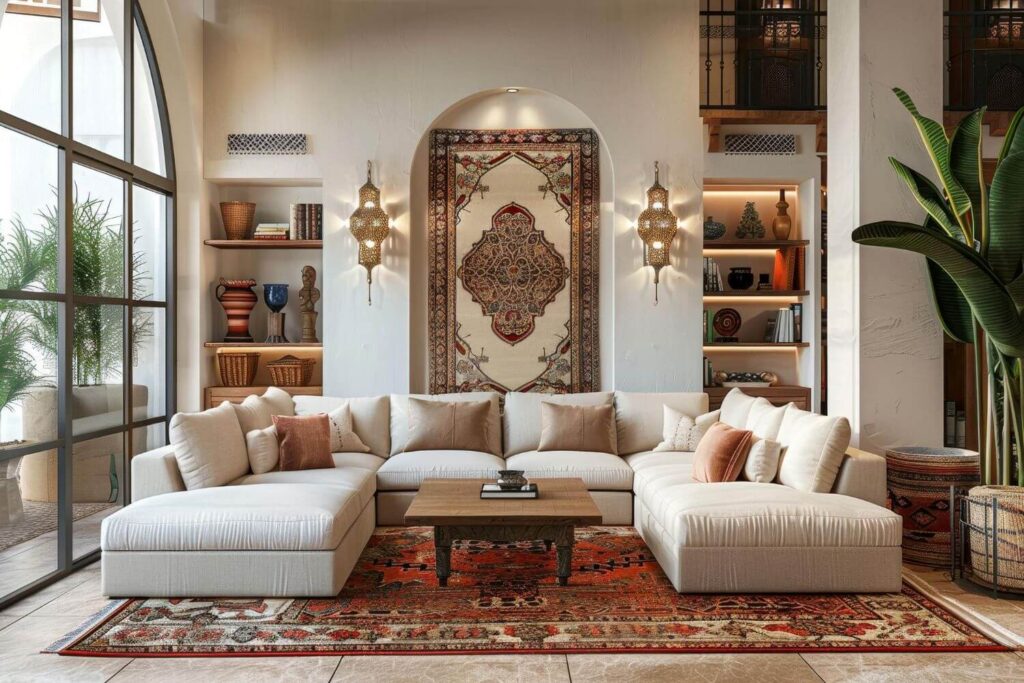 Modern Moroccan-inpired liging room with tall glass windows, a white U-shaped sofa, a wooden table, a moroccan rug as well as moroccan art, lamps and wall hanging