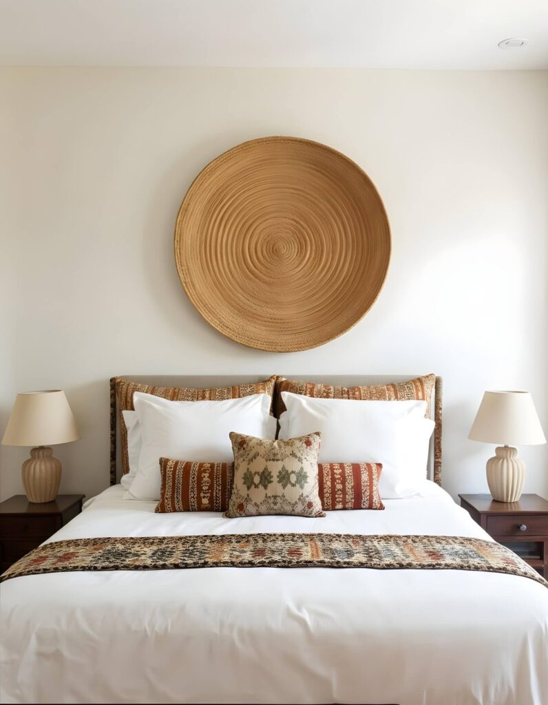 Elegant bedroom with a large African woven basket wall art above a bed. The bed features white sheets, patterned pillows, and two textured cream lamps, creating a cozy ambiance.