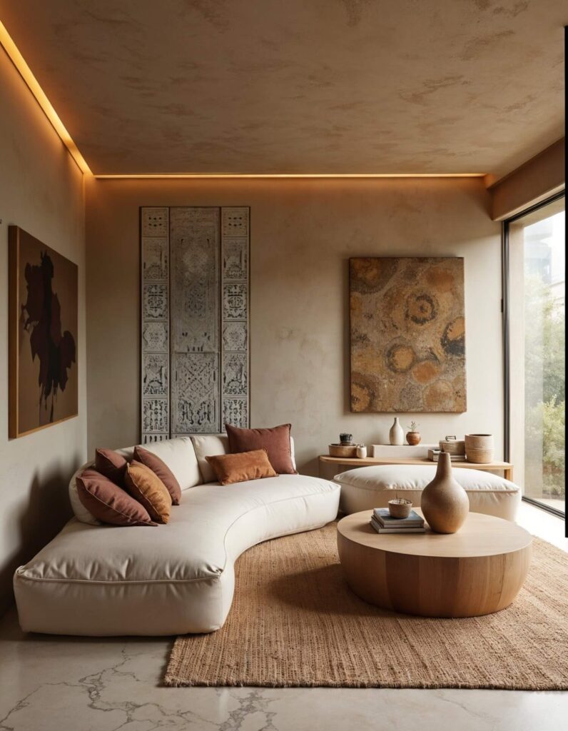 Cozy living room with beige curved sofa, brown cushions, round wooden table, abstract art on walls, and African objects. Warm lighting creates a serene ambiance.