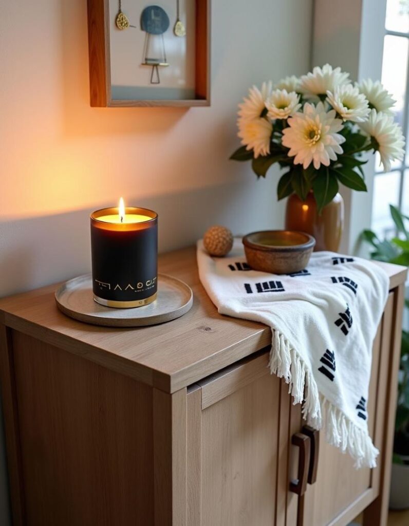 A set of decor items in an elegant setting: black and gold candle, white flowers, throw blanket