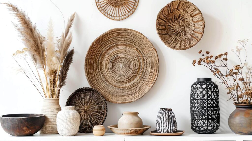 Organic decor display composed by woven wall baskets and vases, wooden bowls and ceramic jars