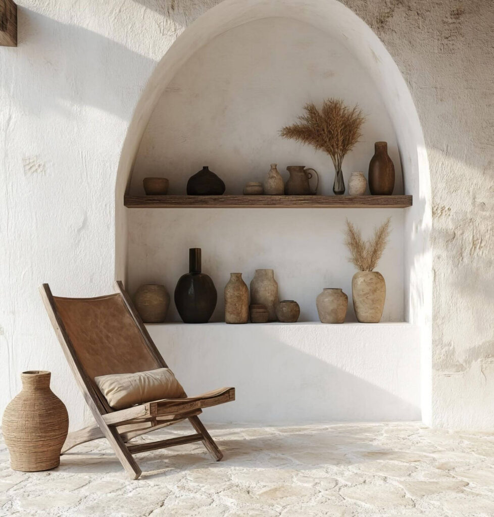 Minimalist decor area with a white wall, earth tone pots and vases on shelves built into the wall, a wooden chair and a terracotta vase on the floor next to it