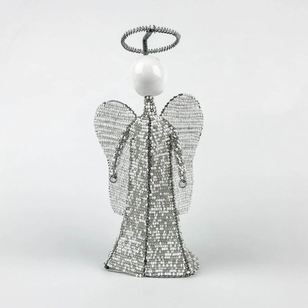 White and Silver beaded Angel tree topper ornament