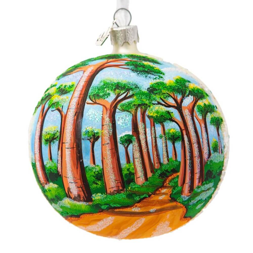 Glass ball for Christmas tree painted with a landscape of baobabs from Madagascar