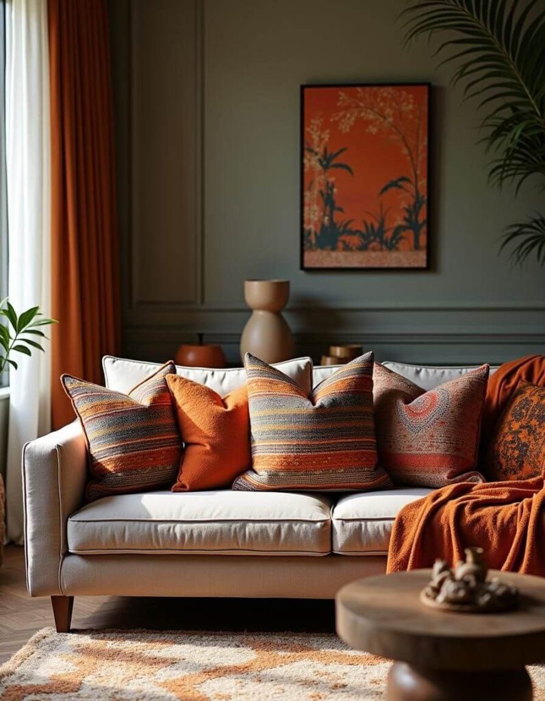 An off-white couch in an elegantly decorated room adorned with colorful throw pillows in shades of orange matching a painting hanged behind the couch. An orange throw blanket compliments it and w circular wooden coffee table completes the assortment on the foreground