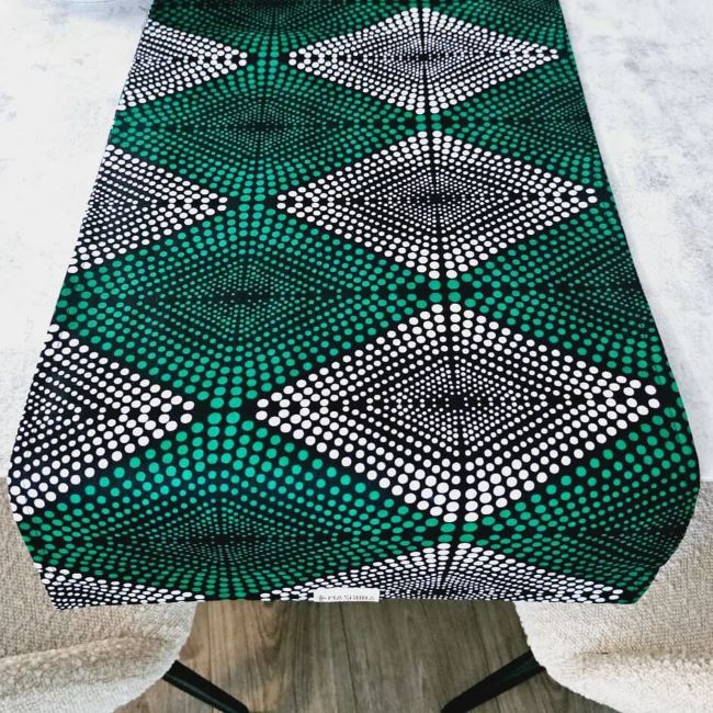 Green table runner in African wax fabric