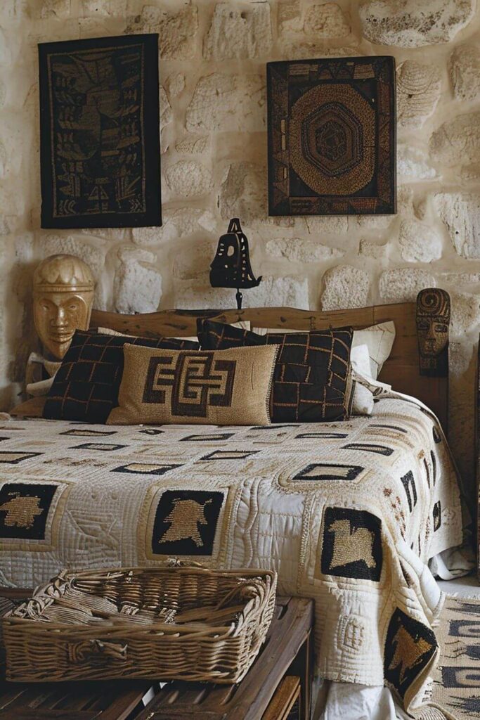 African interior design styles: Traditional South African bedroom with a bed covered by a traditional blanket, throw pillows in earth tone coverd and wooden art hanged on the wall