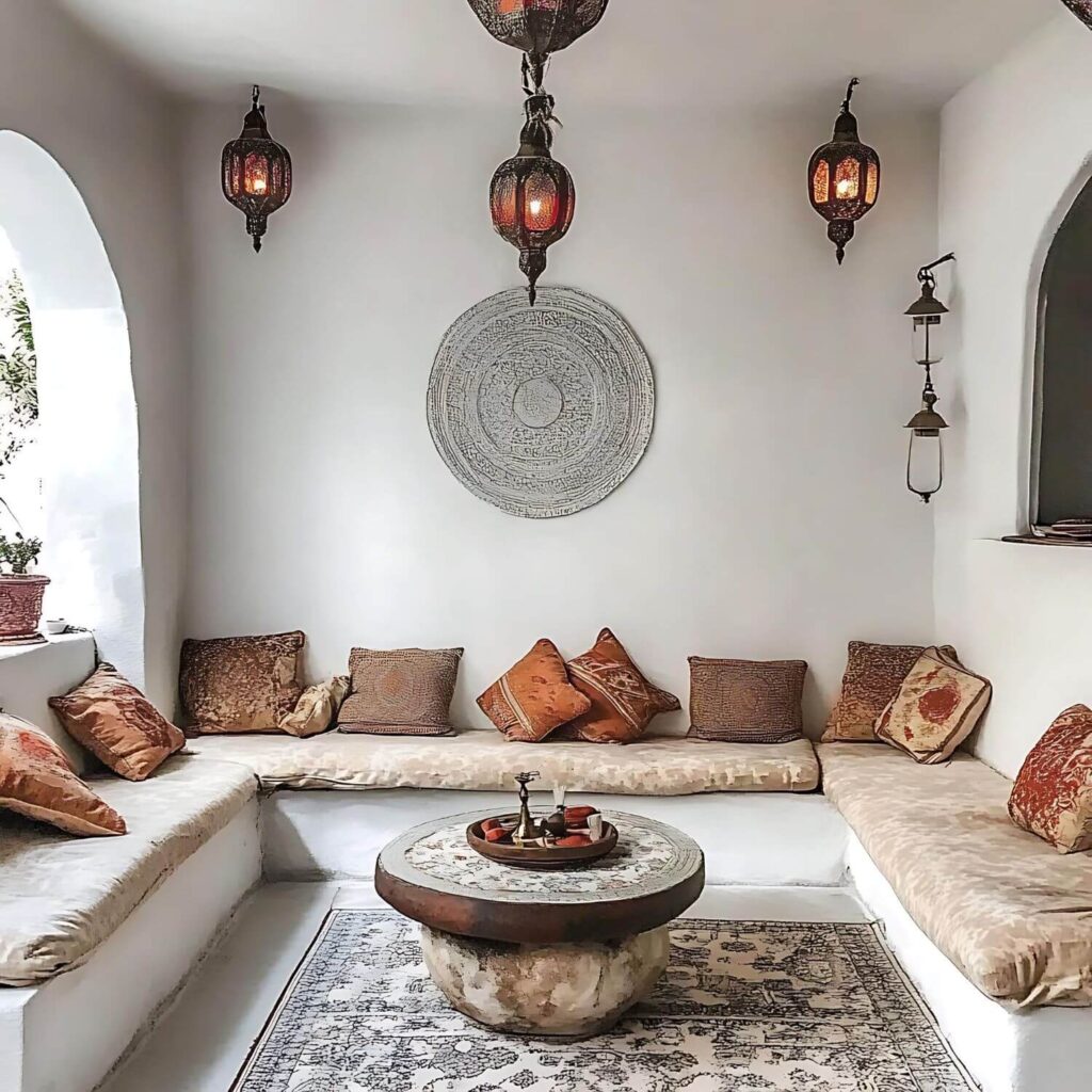 Traditional Moroccan outside seating area with benches adorned with throw pillows in traditional brown and rust tones, as well as Moroccan ceiling lamps and a wooden table