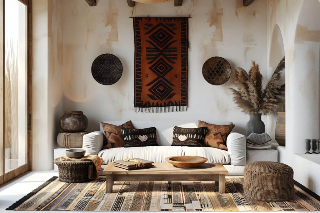 African interior design styles - living room with ancient objects; a wall hanging, thrown pillows with traditional patterns, a wooden table and a patterned rug