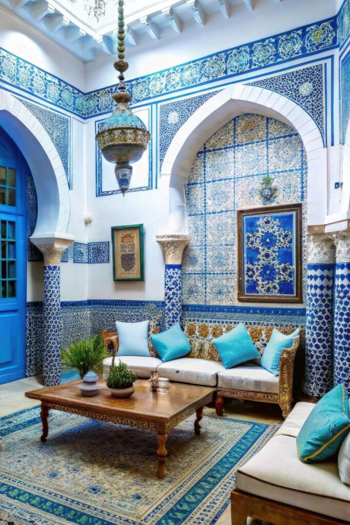 African interior design styles - Colorful blue Tunisian living room with traditional blue tiles, a ceiling lamp, wooden table and traditional Tunisian sofa with blue throw pillows