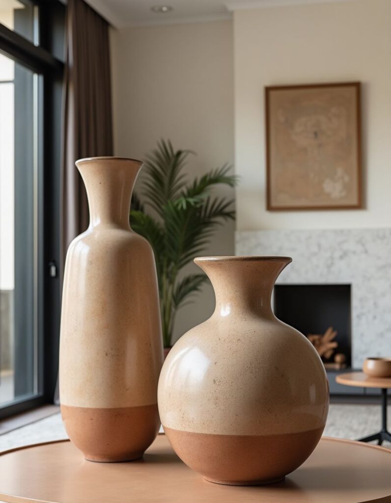 Two beautiful African ceramic vases with a natural feel, on a table in an elegant modern interior