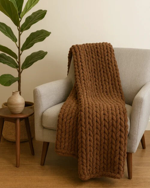 A chunky earthy knit made with silk and cotton, draped over a chair in a modern minimalist space