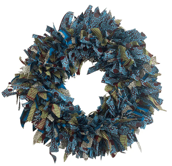 African Christmas decorations: Large Christmas wreath made out of  blue shreds of Africa wax fabric