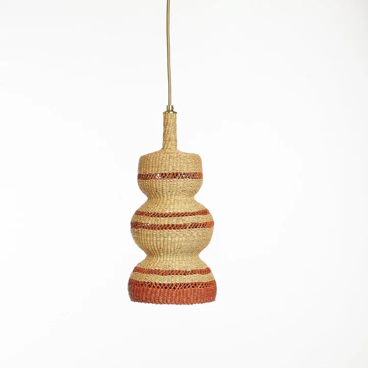 Woven 3 tier pendant light in a wavy shape and a natural and rust color