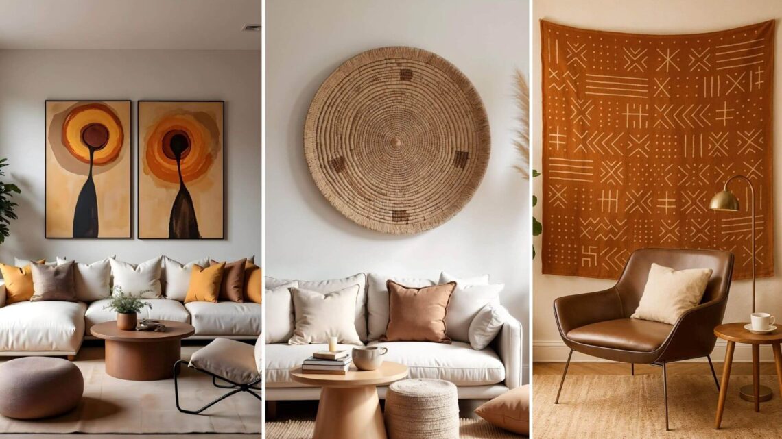 A minimalist living room triptych features gorgeous African wall decor. Left: abstract African paintings above a white sofa; Center: woven basket wall art; Right: leather chair in front of a patterned mud cloth wall hanging.