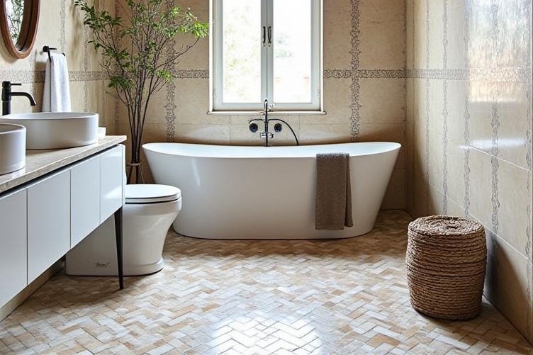 Bejmat tiles on a modern bathroom's floor - Beautiful Moroccan tiles for bathroom