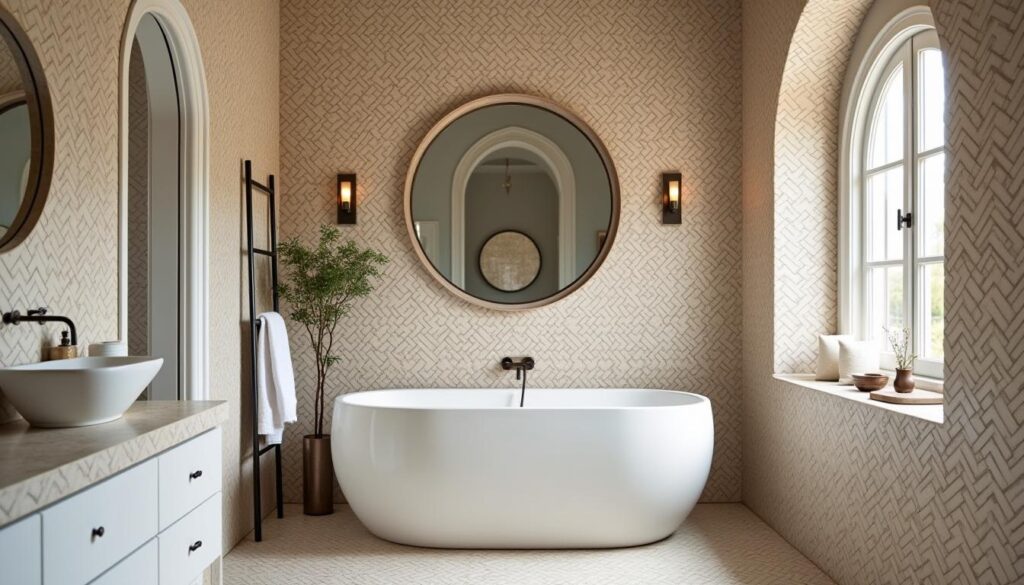 Moroccan tiles for bathroom: stunning Bathroom fully tiled with off white Bejmat tiles. Bathtub with a round mirror over it and a wall lamp on each side. Arched window on the right and sink with mirrow on the left