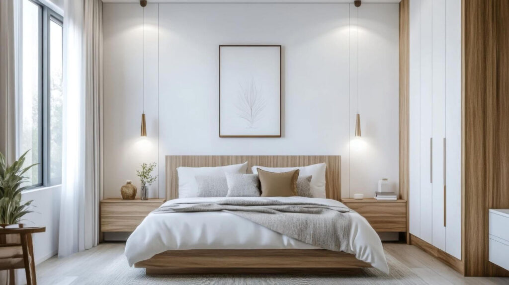 Modern minimalist bedroom in neutral colors with pendant lights hanging above the side tables