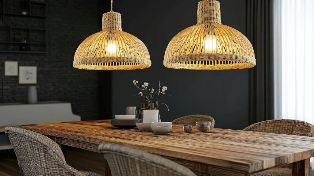 Unique pendant lights: woven pendant lamps over a wooden dining table with four woven chairs around it