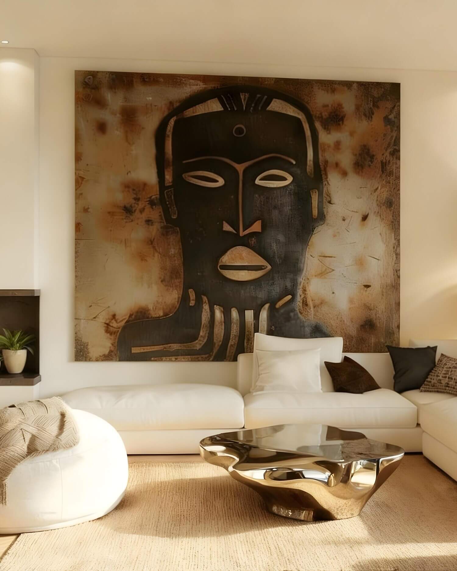 Modern living room with strong African portrait painting above a white couch. Metallic coffee table and beige rug complete the elegant, artistic setting.
