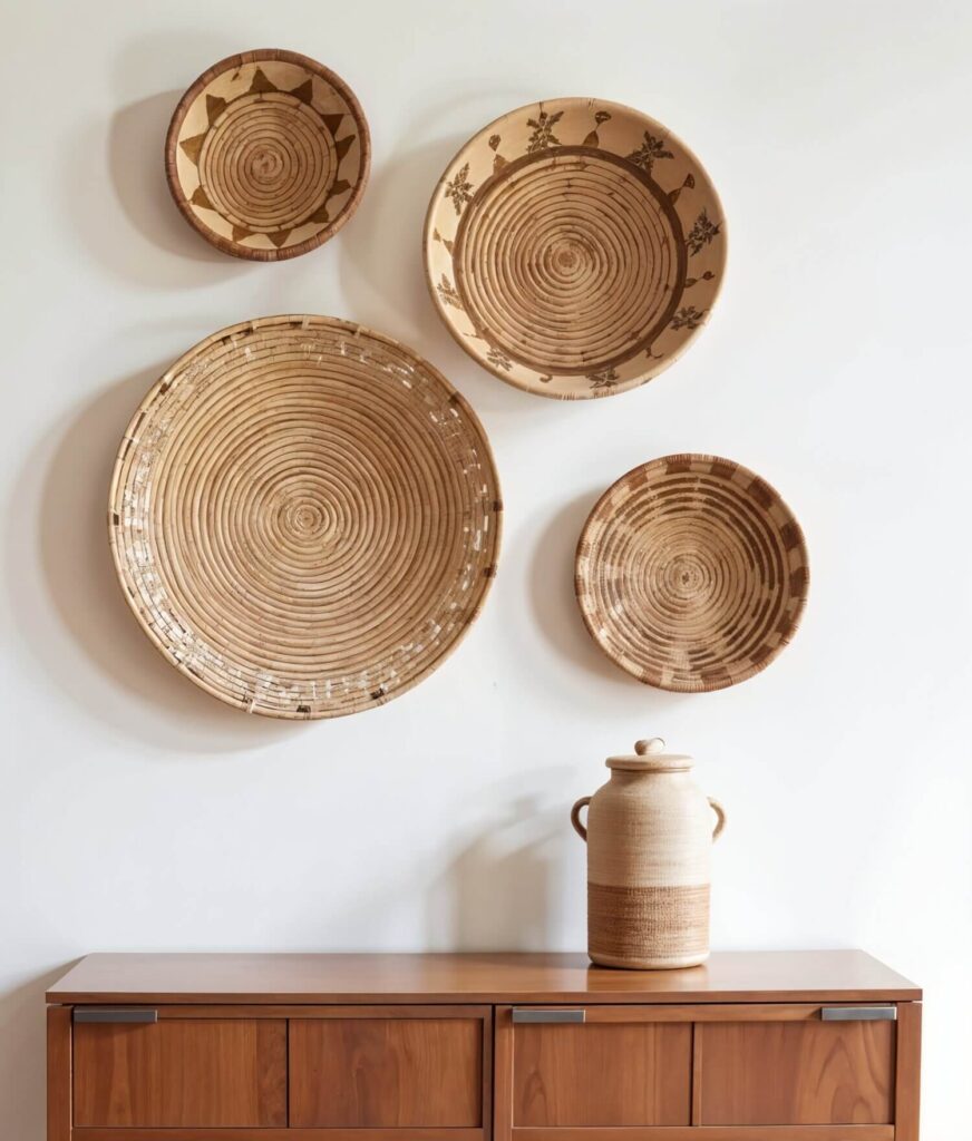 Four decorative woven baskets of varying sizes and patterns hang on a white wall above a wooden cabinet, with a ceramic jug placed on top.