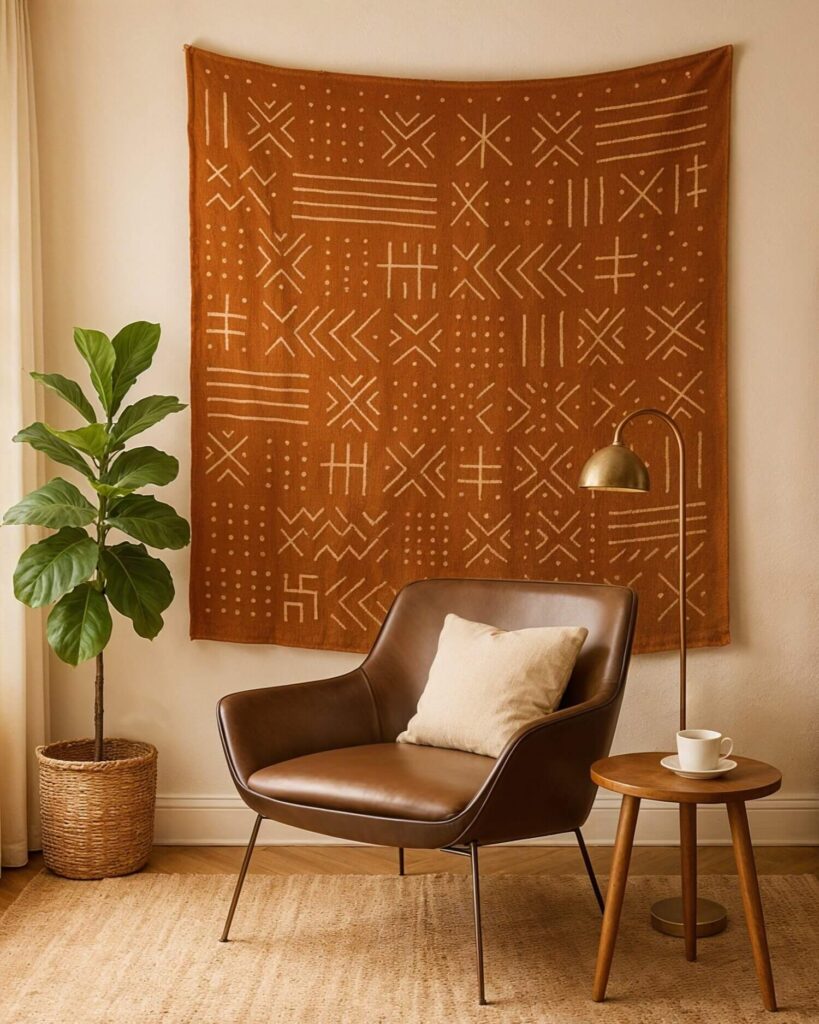 Cozy living space with a brown leather chair, cream cushion, and wooden side table. A geometric-patterned mud cloth tapestry and potted plant add warmth.