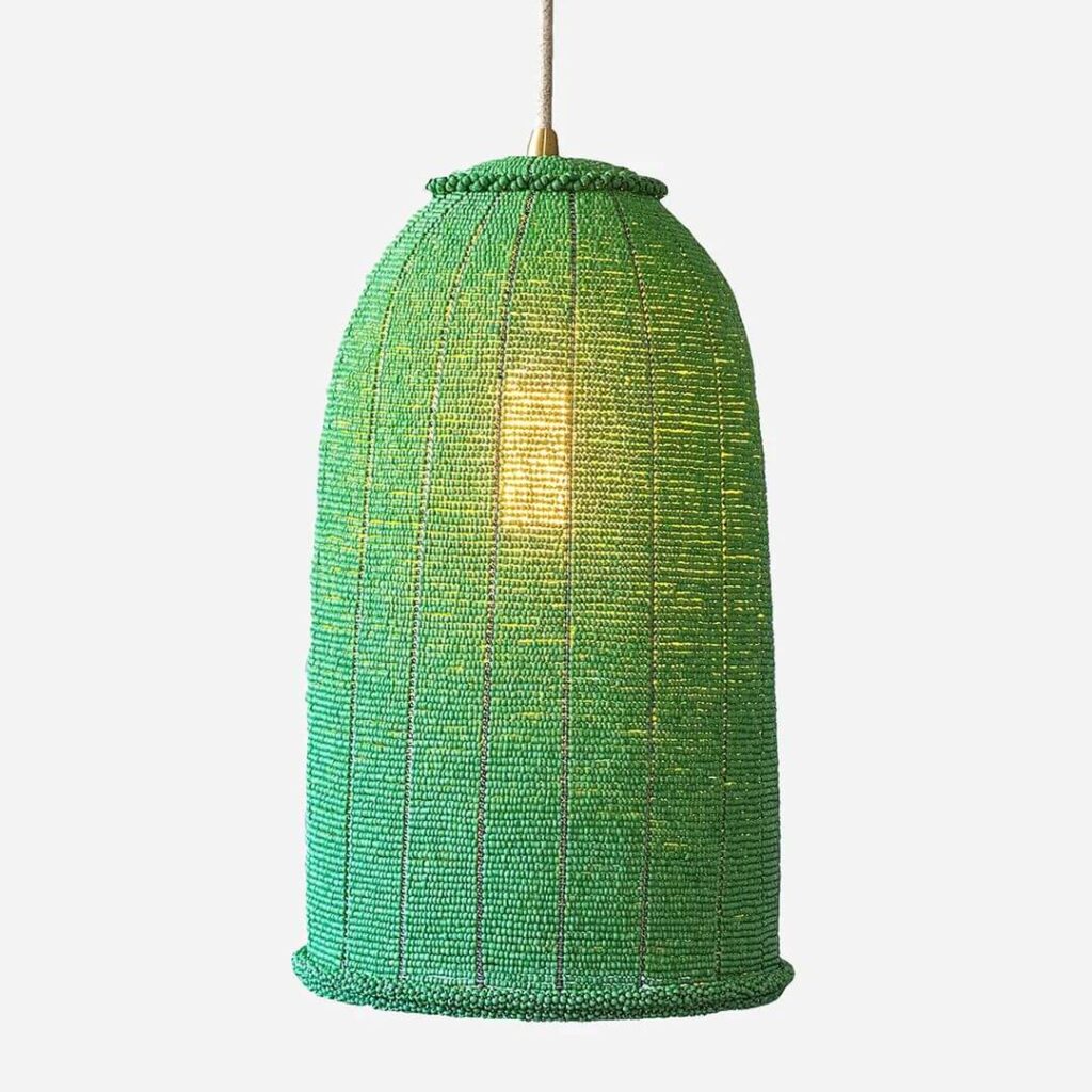 Stunning green pendant light made in Zimbabwe, entirely beaded and handmade