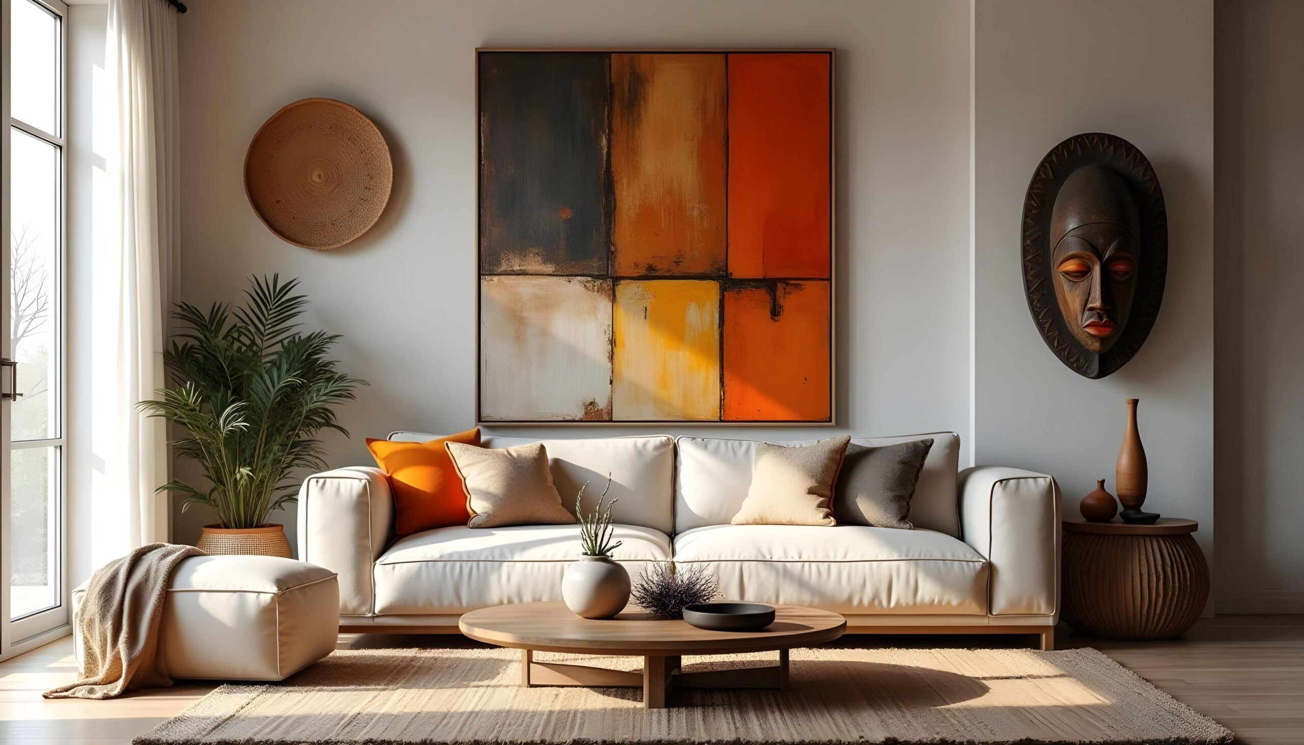 Modern living room with African wall decor: Woven wall basket, warm abstract painting in neutrals, yellow, red and orange, striking African mask. The furniture includes a stunning cream counch and cream pouffe, a low round coffee table, a wool rug, and a side table with African decor items on it.