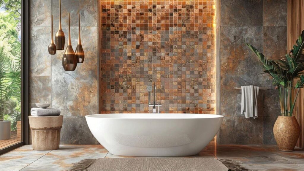 Moroccan tiles for bathroom - Spectacular bathroom with a large bathtub; marble walls, a plant pot and eye-striking pendant lamps. Behind the bathtub is a tiled wall with a mix of Zellige and marble-like tiles