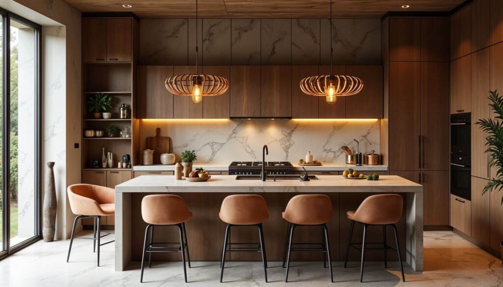 Modern luxury kitchen with a marble floor, kitchen island and backsplash. The space is decorated with earth tones stools and luxurious wood paneling. It also has a subtle African touch, including two unique pendant lights that look like they were carved out of wood.