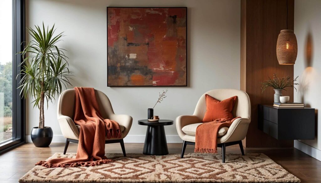 Inspiring modern room with elegant cream armchairs topped with cozy rust-color African throw blanket. Their placed on the edge of a plush moroccan wool rug with brown patterns, while an ebony side table is placed between them. A woven pendant light, enchanting artwork, and a plant complete the space.