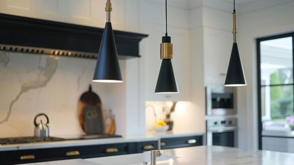 Modern cone-shaped pendant lamps in black and gold metal, over a large kitchen island in a spacious luxury kitchen