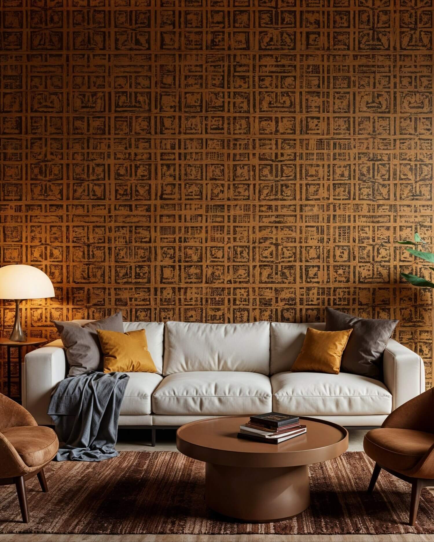 Sophisticated living room with a white sofa, brown and mustard pillows, and a geometric patterned wallpaper. It showcases an example of stunning African wall decor. Warm lighting, round coffee table with books.