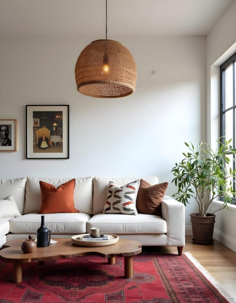 Modern African furniture - cozy interior with a white sofa, a wooden coffee table with decor items on it, a moroccan rug and a woven pendant light