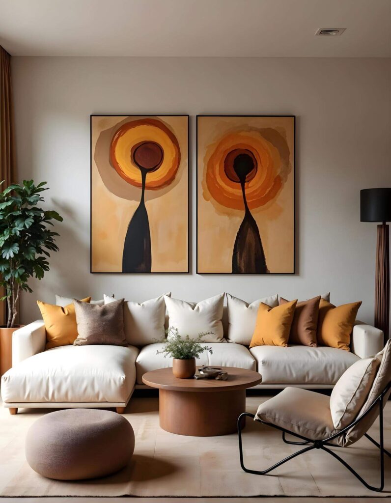 Modern living room featuring African-inspired wall decor. The artwork consists of two framed canvas prints with abstract, sun-like shapes in warm yellows, reds, and browns. A neutral-toned sectional sofa is adorned with mustard-toned throw pillows. A round wooden coffee table with a potted plant sits in front of the sofa. A woven ottoman and lounge chair with a black frame add additional seating.
